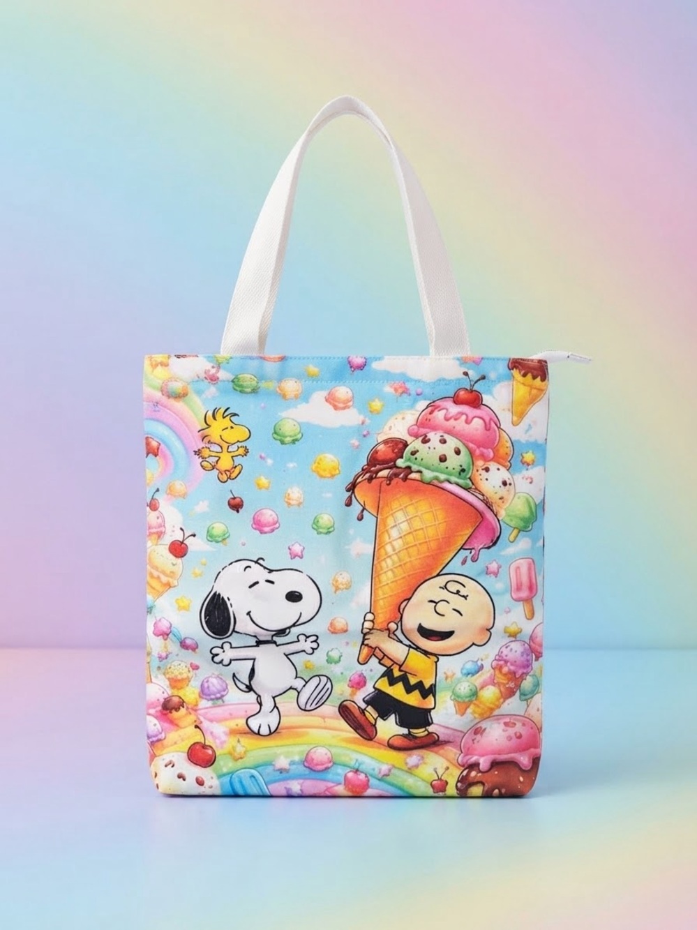 Kids Snoopy & Charlie Brown Ice Cream Tote Bag - White Handles